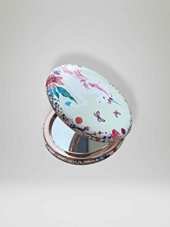 UNICORN Temalı Çift Taraflı Yuvarlak Cep Çanta Makyaj El Aynası 7cm çap (KOD:29)