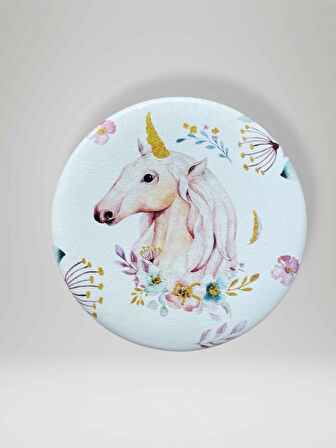 UNICORN Temalı Çift Taraflı Yuvarlak Cep Çanta Makyaj El Aynası 7cm çap (KOD:30)