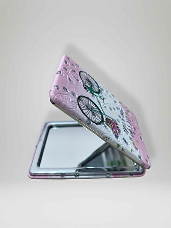 Işıltılı Bisiklet Temalı Çift Taraflı Cep Çanta Makyaj El Aynası 6cm x 9,5cm (KOD:3)