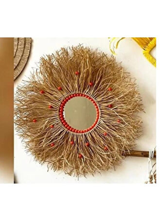 Tekli Boncuklu Aynalı Duvar Süsü Rafya