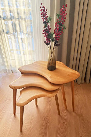 Fawdecor Asimetrik Naturel Masif Doğal Ahşap Zigon Sehpa 3'lü Set, Modern İskandinav Tarz Masif Yan Sehpa