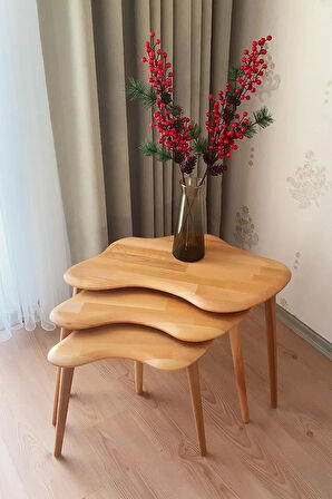 Fawdecor Asimetrik Naturel Masif Doğal Ahşap Zigon Sehpa 3'lü Set, Modern İskandinav Tarz Masif Yan Sehpa