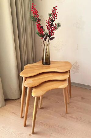 Fawdecor Asimetrik Naturel Masif Doğal Ahşap Zigon Sehpa 3'lü Set, Modern İskandinav Tarz Masif Yan Sehpa