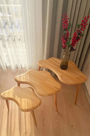 Fawdecor Asimetrik Naturel Masif Doğal Ahşap Zigon Sehpa 3'lü Set, Modern İskandinav Tarz Masif Yan Sehpa