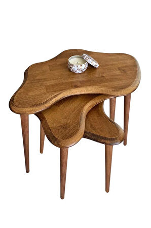 Fawdecor Asimetrik Masif Ahşap Zigon Sehpa Takımı 3'lü Set Modern Bohem Tarz Doğal Ağaç Yan Sehpa