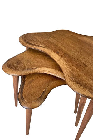 Fawdecor Asimetrik Masif Ahşap Zigon Sehpa Takımı 3'lü Set Modern Bohem Tarz Doğal Ağaç Yan Sehpa