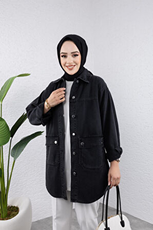 Kadın Cep Detaylı Düğmeli Denim Kot Ceket
