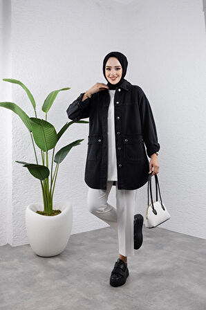 Kadın Cep Detaylı Düğmeli Denim Kot Ceket