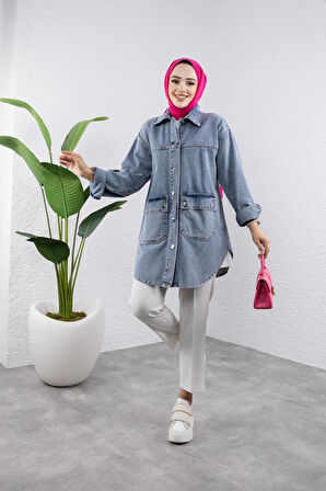 Kadın Cep Detaylı Düğmeli Denim Kot Ceket