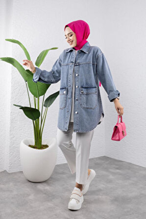 Kadın Cep Detaylı Düğmeli Denim Kot Ceket