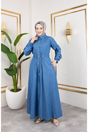 Kadın Belden Lastikli Cep Detaylı İnce Kot Elbise