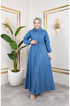 Kadın Belden Lastikli Cep Detaylı İnce Kot Elbise