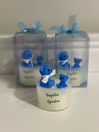 Yeni Doğan Erkek Bebek Doğum Tebrik Hediyesi Şeffaf Asetatlı Kutuda Sevimli Ayıcık Tasarım Mum-20 li