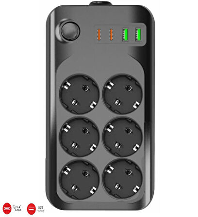 Winnboss Termal Akım Korumalı USB Ve Type-C 2.1A Şarj Çıkışlı 10A 2500W 6'Lı Uzatma Grup Priz 3421