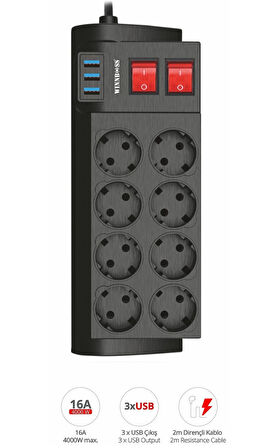 Winnboss Termal Akım Korumalı USB 2.1A Şarj Çıkışlı 16A 4000W 8 Li Uzatma Grup Priz 3411