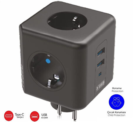 Winnboss Termal Akım Korumalı USB Ve Type-C 2.1A Şarj Çıkışlı 10A 2500W 3'Lü Priz 3440
