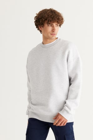 Erkek Kar Melanj Oversize Fit Bol Kesim Pamuklu Içi Polarlı 3 Iplik Bisiklet Yaka Sweatshirt