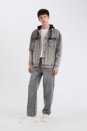 DeFacto Oversize Geniş Kalıp Kapüşonlu Düğmeli Mevsimlik Baharlık Jean Ceket D0416AX24AUNM55