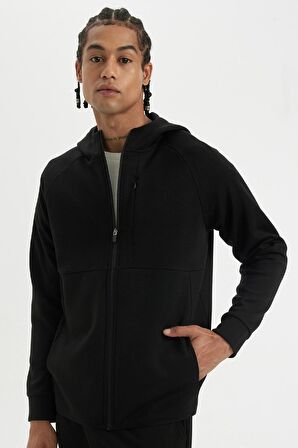 DeFactoFit Slim Fit Dar Kesim Kapüşonlu Skuba Dalgıç Kumaş Fermuarlı Sporcu Sweatshirt A6956AX24AUBK81