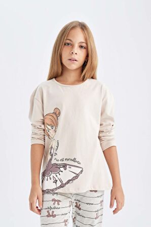 DeFacto Kız Çocuk Pijama Takımı Bisiklet Yaka Baskılı Uzun Kollu Üst Uzun Alt D6056A824AUBG107