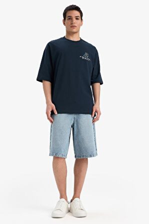 DeFacto %100 Pamuk Loose Fit Bisiklet Yaka Sırt Baskılı Kısa Kollu Tişört B4320AX25SMNV239