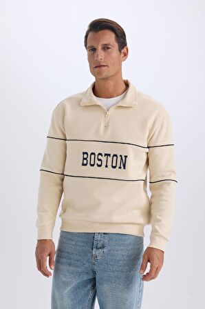 DeFacto Relax Fit Dik Yaka Fermuarlı Baskılı Kalın Sweatshirt D2166AX24AUER42