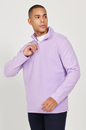 Erkek Lila Anti-Pilling Tüylenme Yapmayan Standart Fit Dik Yaka Polar Sweatshirt