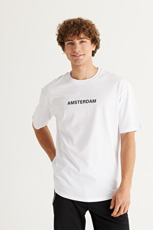 Erkek Beyaz Long Fit %100 Pamuk Oval Kesim Bisiklet Yaka Amsterdam Baskılı Kısa Kollu Tişört