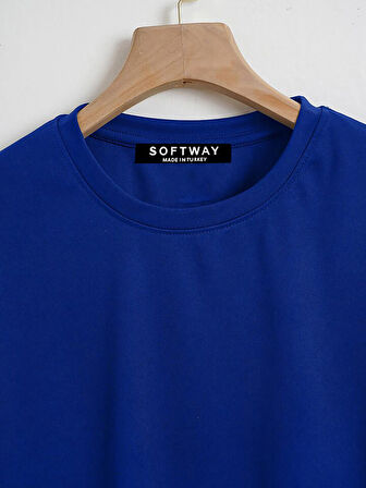 Kadın Oversize Bisiklet Yaka Düz Crop T-shirt - SAKS MAVİSİ