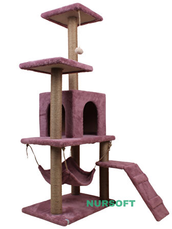 B-07 Hamaklı Yuvalı Lüx Kedi Tırmalama Oyun Evi- Gül Kurusu