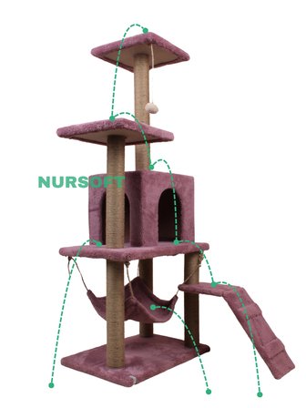 B-07 Hamaklı Yuvalı Lüx Kedi Tırmalama Oyun Evi- Gül Kurusu