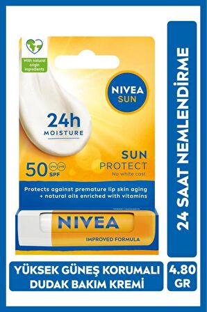 Nivea SUN Yüksek Güneş Korumalı Dudak Bakım Kremi 4.8gr, SPF50, 24 Saat Nemlendirici, E ve C Vitamini