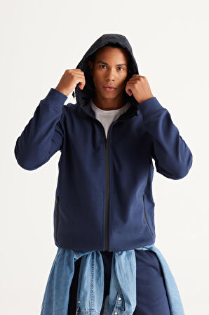 Erkek Lacivert Standart Fit Normal Kesim Kapüşonlu Fermuarlı Sweatshirt