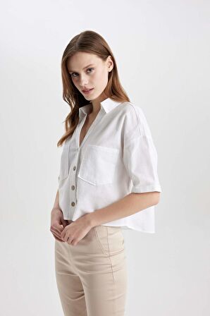 DeFacto Boxy Fit Keten Karışımlı Kısa Kollu Gömlek V2523AZ24SMWT34