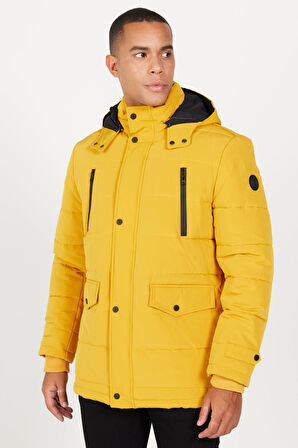 Erkek Sarı Standart Fit Normal Kesim Dik Yaka Soğuk Geçirmez Outdoor Kaban