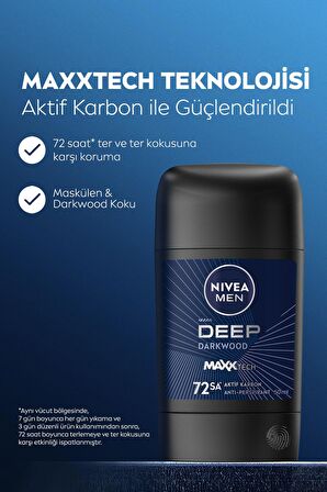 Nivea MEN Erkek Stick Deodorant Deep Dimension Aktif Karbon 50ml, 72 Saat Anti-perspirant Koruma