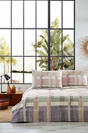 PİKE TAKIMI RANFORCE TEK KİŞİLİK PUDRA PLAID MODERNO 