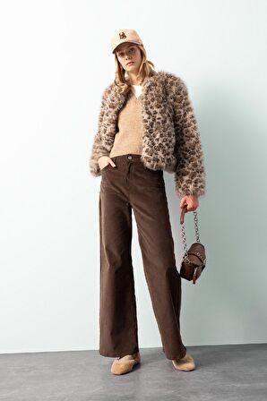 DeFacto Regular Fit Leopar Desenli Suni Kürk Ceket Mont D6650AX24WNBG778