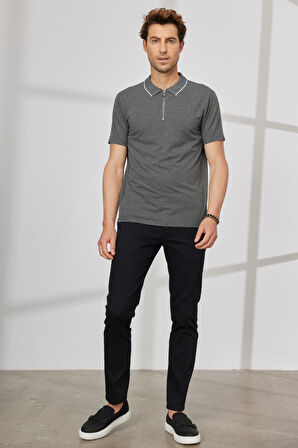Erkek Antrasit Slim Fit Dar Kesim Polo Yaka Jakarlı Tişört