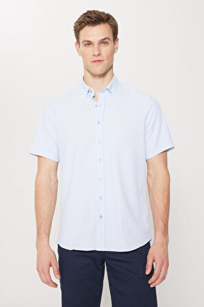 Erkek Mavi Slim Fit Dar Kesim Düğmeli Yaka Gofre Desenli Gömlek