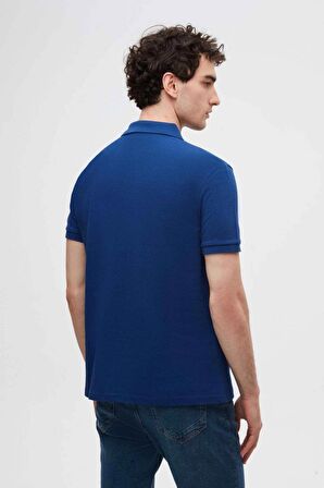 Regular Fit Saks Mavi Pike Dokulu %100 Pamuk Kıvrılmaz Polo Yaka Nakışlı T-shirt 4HC14ORT51000