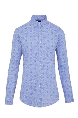 Mavi Desenli Slim Fit Keten Gömlek | S