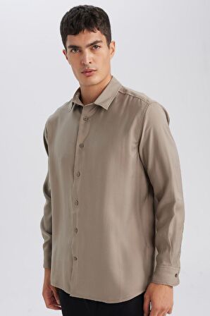DeFacto Relax Fit Polo Yaka Twill Modal Karışımlı Basic Düz Uzun Kollu Gömlek D3376AX24AUKH466