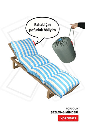 XPERMATE Pofuduk Şezlong Minderi 60x180x12Cm Su İtici,Katlanır,UV Güneş Dayanımı, Fermuar, Mavi Çizgili