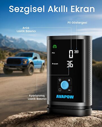 Avapow JP3 16000mAh 3000A Zorla Çalıştırma İşlevli & Lastik Şişirme Pompalı Jump Starter Taşınabilir Akü Takviye Kiti (Powerbank-PD30W + LCD + LED Işık)