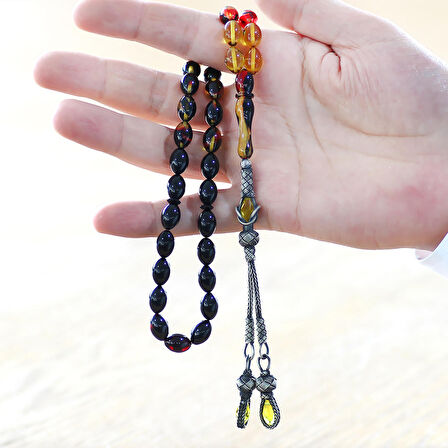 1000 Ayar Gümüş Kazaz Püsküllü Arpa Kesim Süzme Bala-Siyah Ateş Kehribar Tesbih