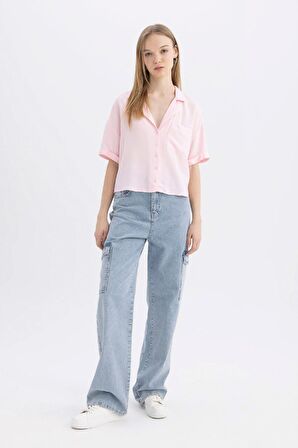 DeFacto Coool Oversize Geniş Kalıp Pijama Yaka Kısa Kollu Gömlek C3751AX24SPPN99