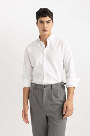 DeFacto Beyaz Modern Fit Polo Yaka Petek Dokulu Basic Düz Uzun Kollu Gömlek B7383AX24SPWT34