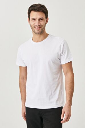 Erkek Beyaz Slim Fit Dar Kesim Bisiklet Yaka %100 Pamuk 2'li Düz Tişört Paketi