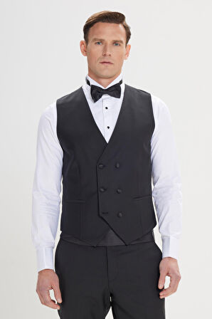 Erkek Siyah Slim Fit Dar Kesim Kırlangıç Yaka Klasik Düz Yelekli Smokin Takım